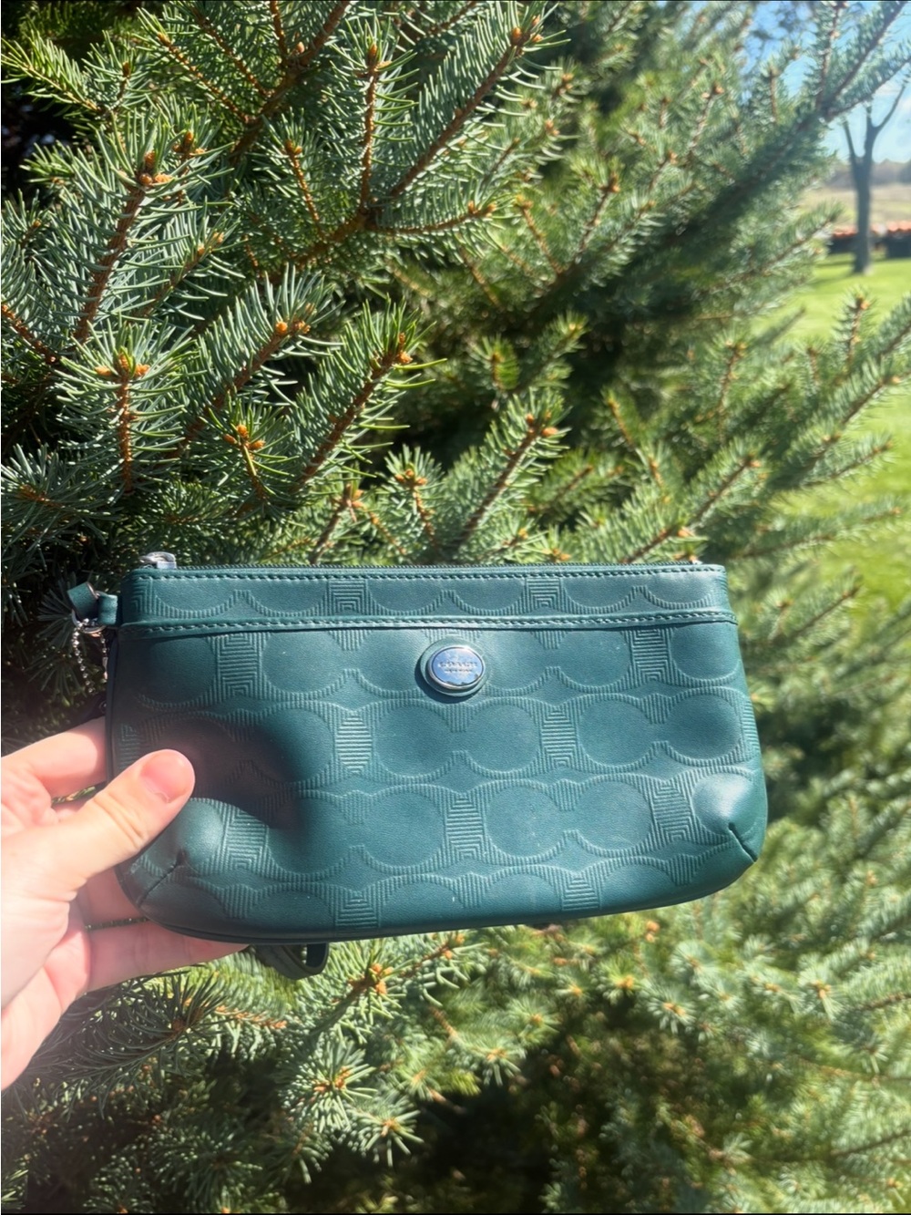 Coach Signature Green Wristlet Wallet Card Holder Zip Clutch